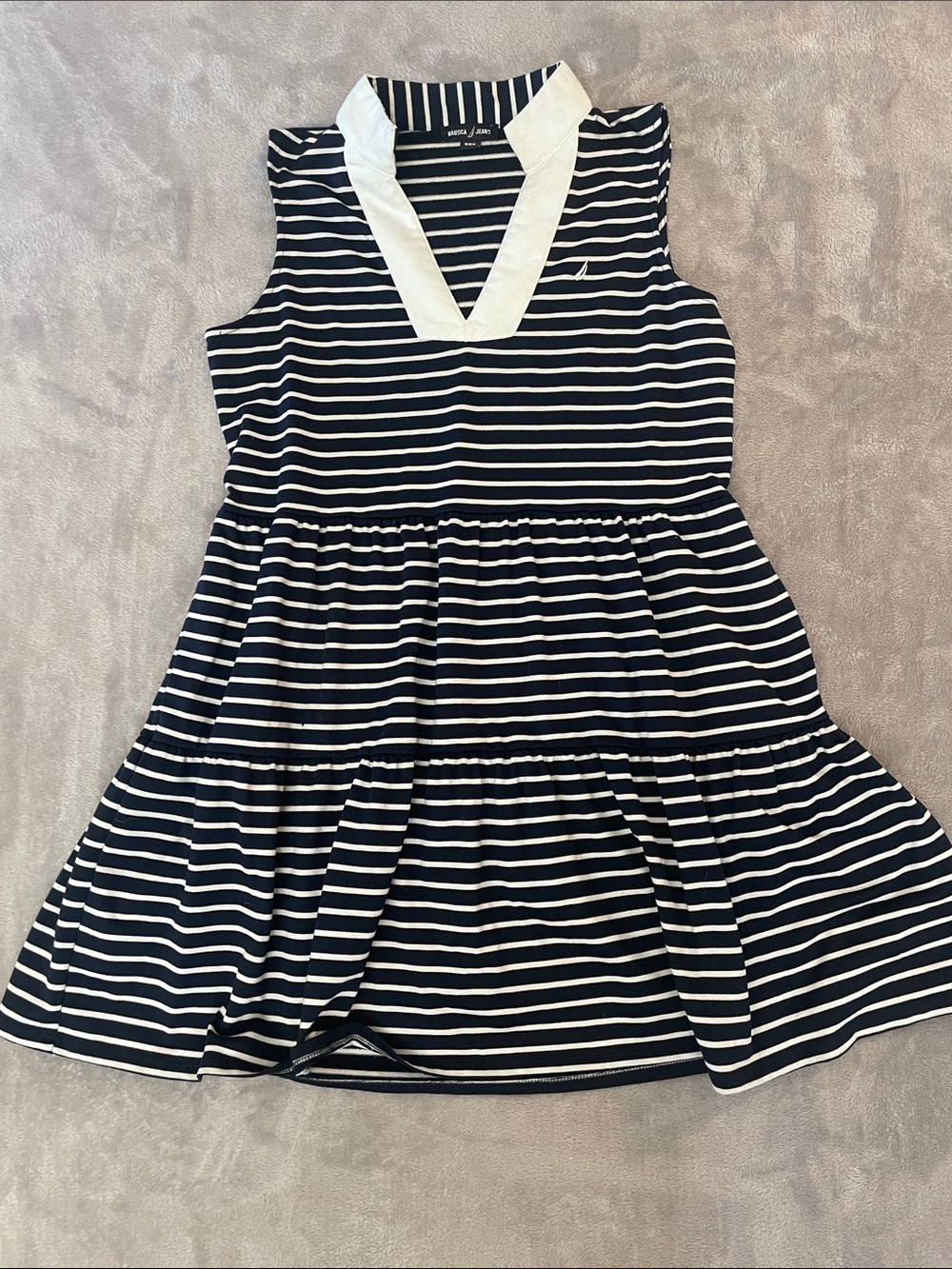 Nautica Navy and White Striped Sleeveless V-Neck Tiered Midi Dress Size Medium